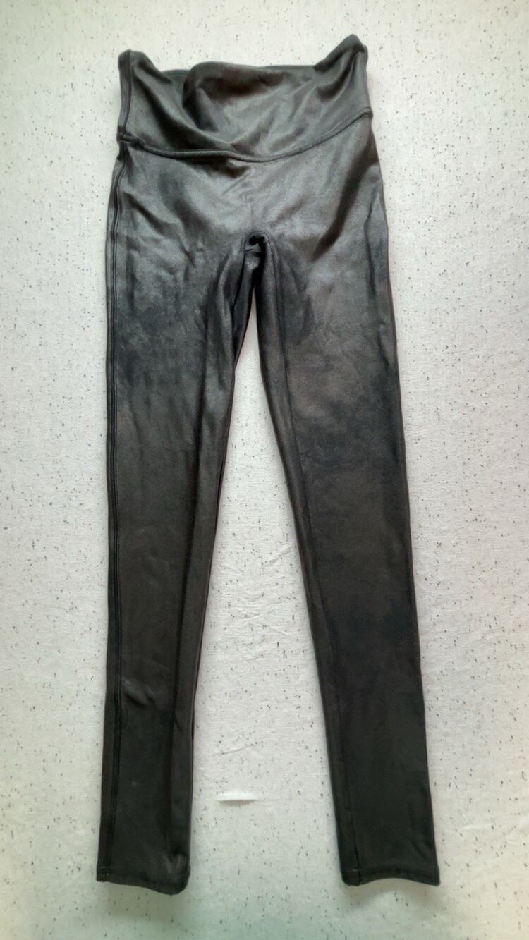 SPANX Black Faux Leather Leggings Womens Size S Petite High Rise Shaping
